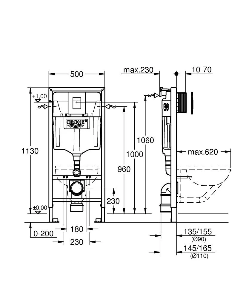 Set de instalare: Ramă pentru instalare WC Grohe Rapid SL 38772001, clapeta actionare inclusa Dark Grey + Vas WC suspendat Devit Flow cu capac Soft-Close Vortex Flush DFL0460111W