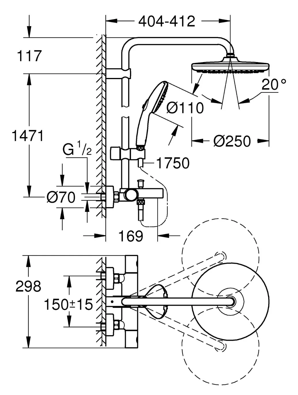 Set sistem de duș cu montaj pe perete Grohe Tempesta System 250 cu baterie termostatică, duș fix, duș de mână și pipă pentru cadă (26672001)