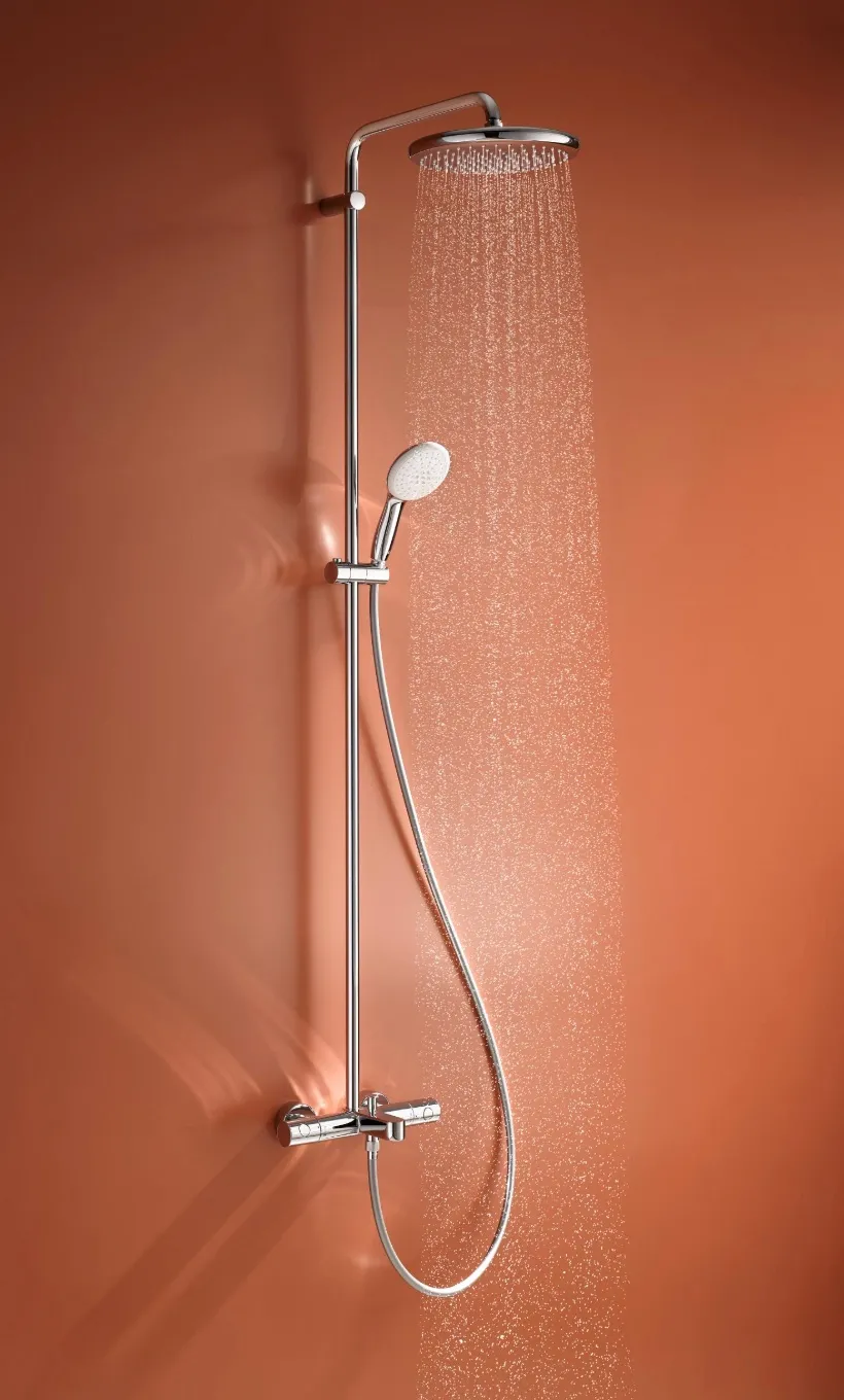 Set sistem de duș cu montaj pe perete Grohe Tempesta System 250 cu baterie termostatică, duș fix, duș de mână și pipă pentru cadă (26672001)