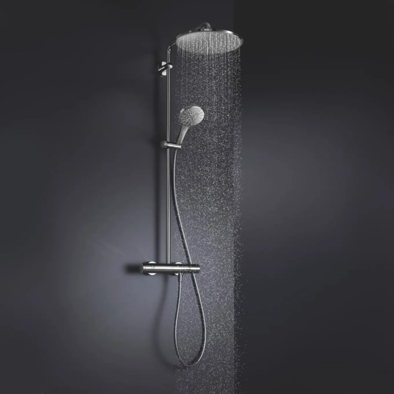 Set sistem de duș cu montaj pe perete Grohe Rainshower SmartActive 310 cu baterie termostatică, duș fix Rainshower Mono 310 și duș de mână Rainshower SmartActive 130 (26647000)
