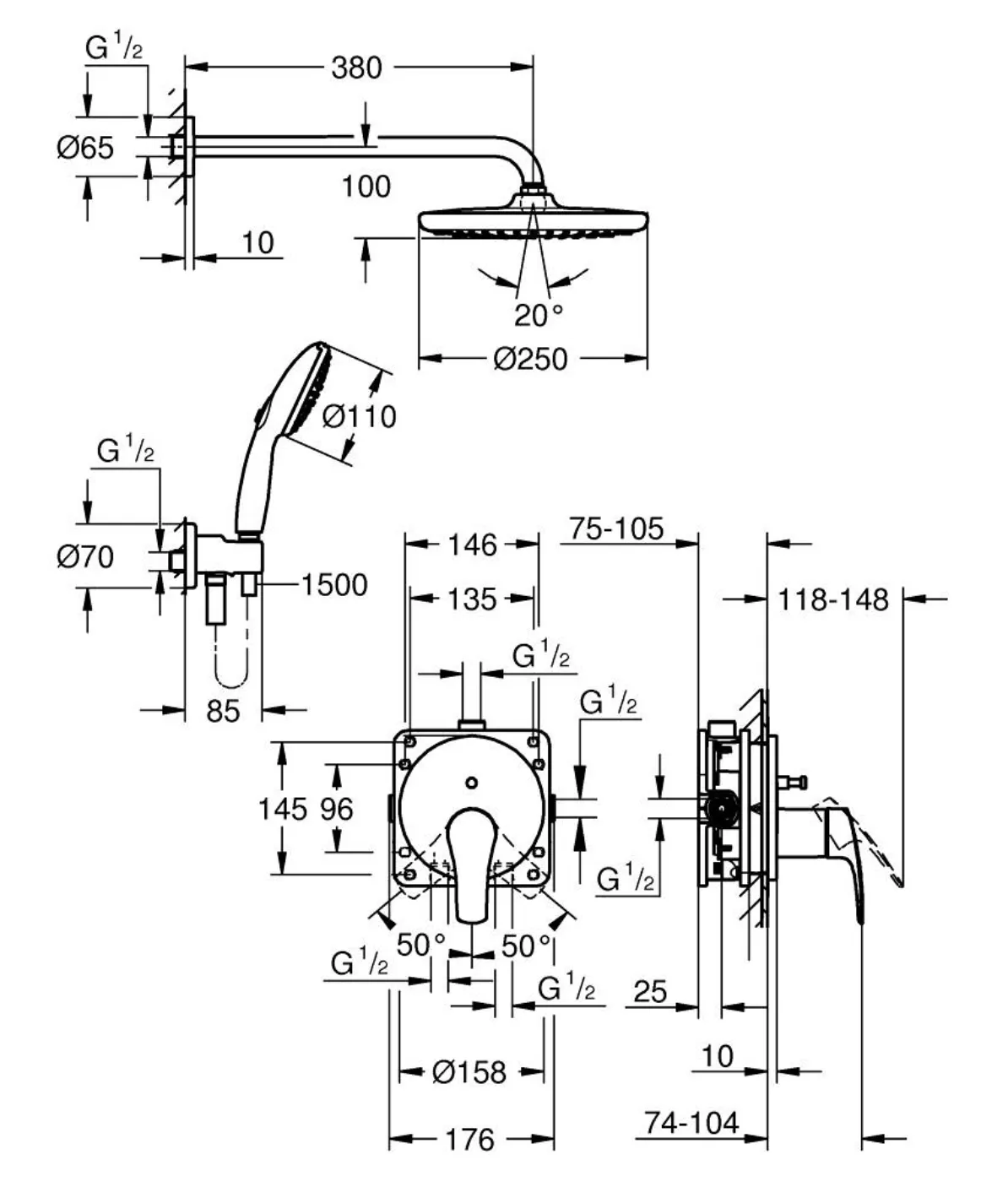 Set sistem de duș încastrat Grohe Eurosmart cu duș fix Tempesta 250 și duș de mână (25288000)