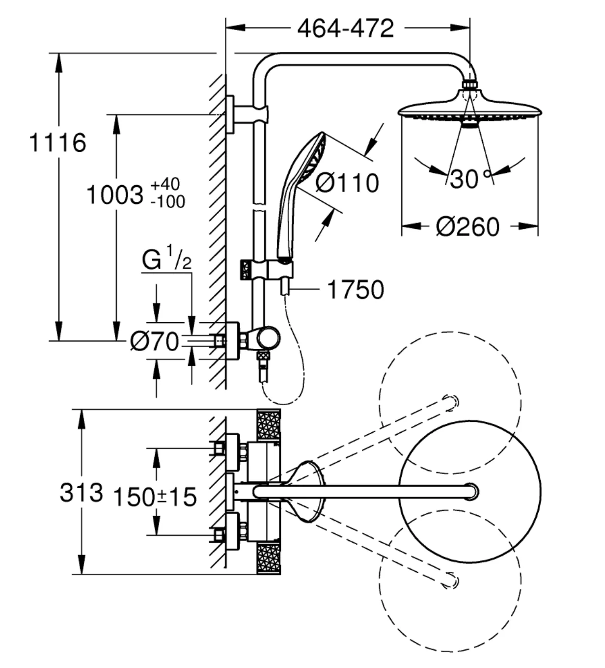 Set sistem de duș cu montaj pe perete Grohe Euphoria System 260 cu baterie termostatică, duș fix și duș de mână (27296003)