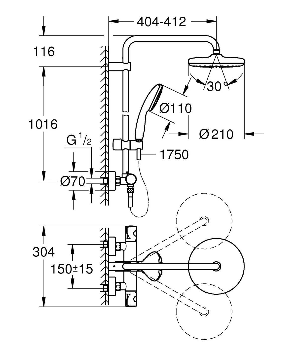 Set sistem de duș cu montaj pe perete Grohe Tempesta System 210 cu baterie termostatică, duș fix și duș de mână (26811001)