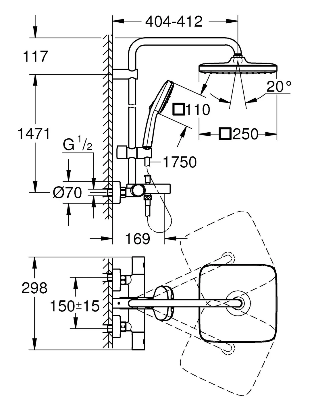 Set sistem de duș cu montaj pe perete Grohe Tempesta System 250 Cube cu baterie termostatică, duș fix și duș de mână pentru cadă (26691001)