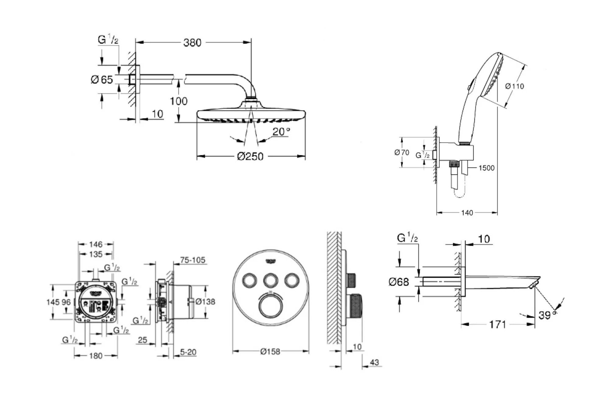 Set sistem de dus incastrat Grohe Grohtherm SmartControl cu baterie termostatica , dus fix Tempesta 250 si dus de mana Phantom Black UA26415SC10