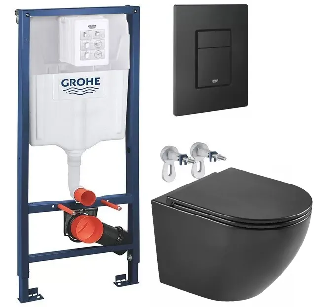 Set de instalare: Ramă pentru instalare WC Grohe Rapid SL 38772001, clapeta actionare inclusa 38811KF0 (Negru mat) + Vas WC suspendat Devit Flow negru mat cu capac Soft-Close Vortex Flush DFL0460111MB
