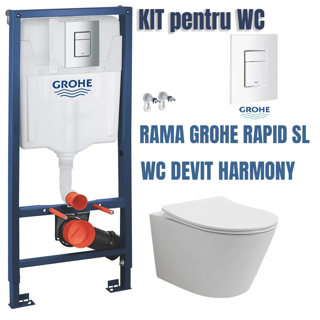 Kit de instalare: Vas de WC suspendat Devit Harmony 3801082 rimless cu capac Soft Close + Rama pentru WC suspendat cu rezervor incorporat Grohe Rapid SL 38772001, 50x113 cm, 6-9 L, clapeta actionare inclusa