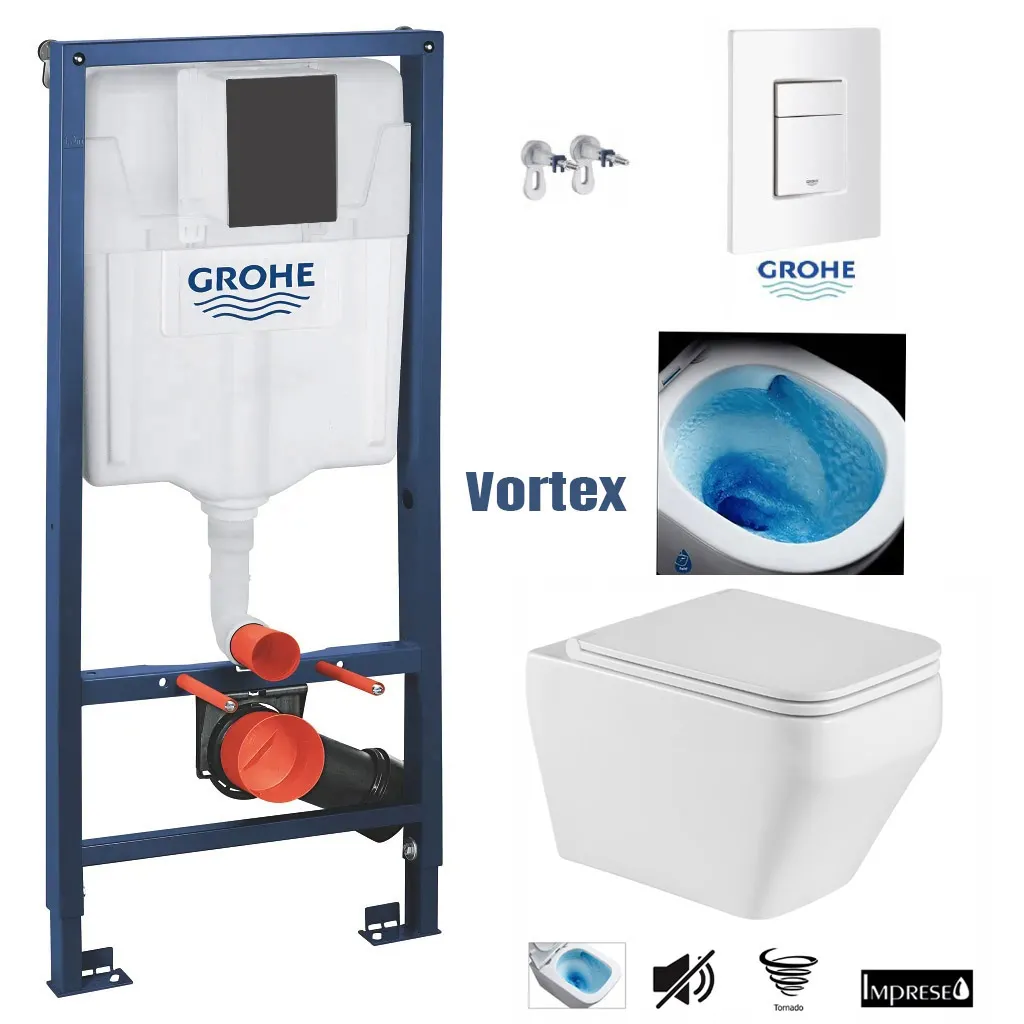 Set de instalare: Ramă pentru instalare WC Grohe Rapid SL 38772001, 50x113 cm, 6-9 L, clapeta actionare inclusa + Vas de toaletă suspendat IMPRESE c06806003 SKALA cu sistem de spălare tip tornadă