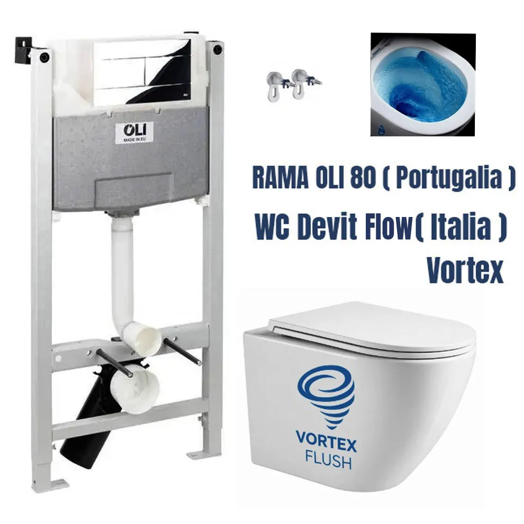Set de instalare: Ramă pentru instalare WC Oli 80 cu buton de acționare Slim crom și garnitură fonică 586626 + Vas WC suspendat Devit Flow  495x365x365 mm cu capac Soft-Close Vortex Flush alb lucios DFL0460111W