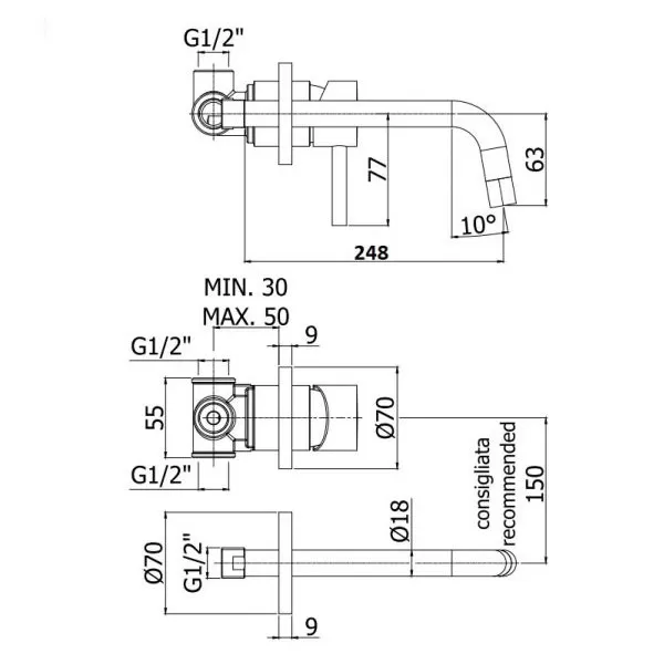 Robinet lavoar montată pe perete Paffoni Light, oțel, gură 248 mm