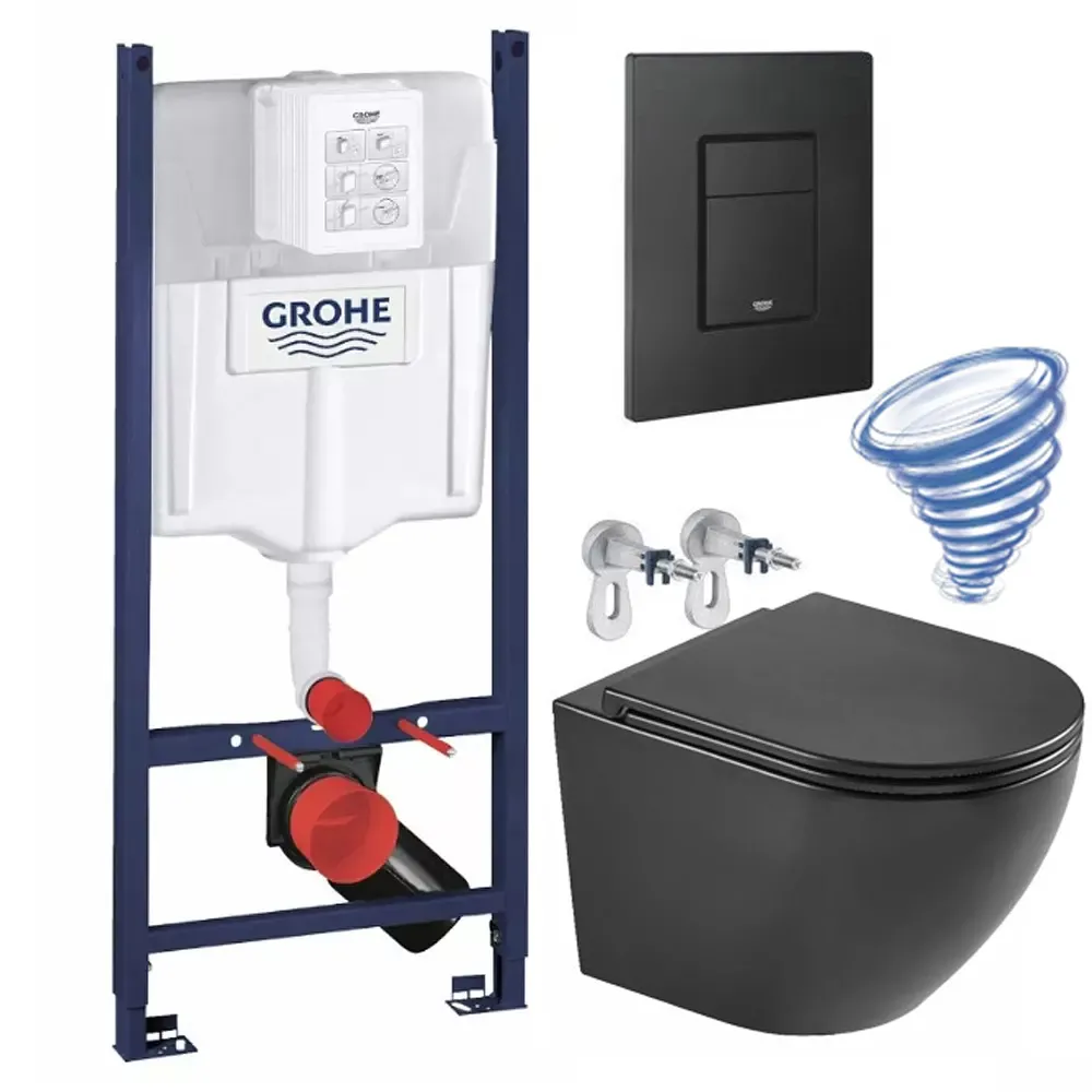 Set de instalare: Ramă pentru instalare WC Grohe Rapid SL 38840000, cu clapeta actionare inclusa + Vas WC suspendat Devit Flow 495x365x365 mm cu capac Soft-Close Vortex Flush Negru mat DFL0460111MB