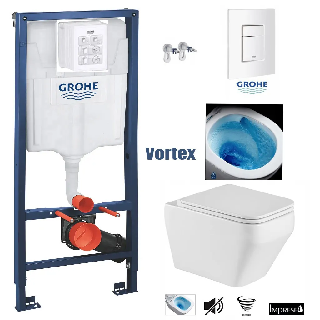Set de instalare: Ramă pentru instalare WC Grohe Rapid SL 38772001, 50x113 cm, 6-9 L, clapeta actionare inclusa + Vas de toaletă suspendat IMPRESE c06806003 SKALA cu sistem de spălare tip tornadă