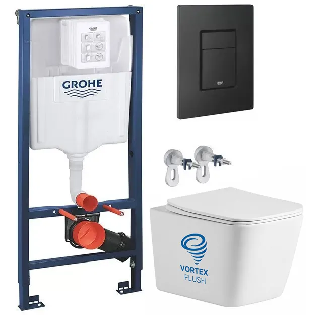 Set de instalare: Sistem de instalare Grohe SOLIDO pentru vasul de toaletă suspendat 3 in1 38811KF0 + Vas WC suspendat rimless Devit Balance Square DBS71051111W cu capac Soft-Close și sistem de spălare Vortex Flush, alb lucios