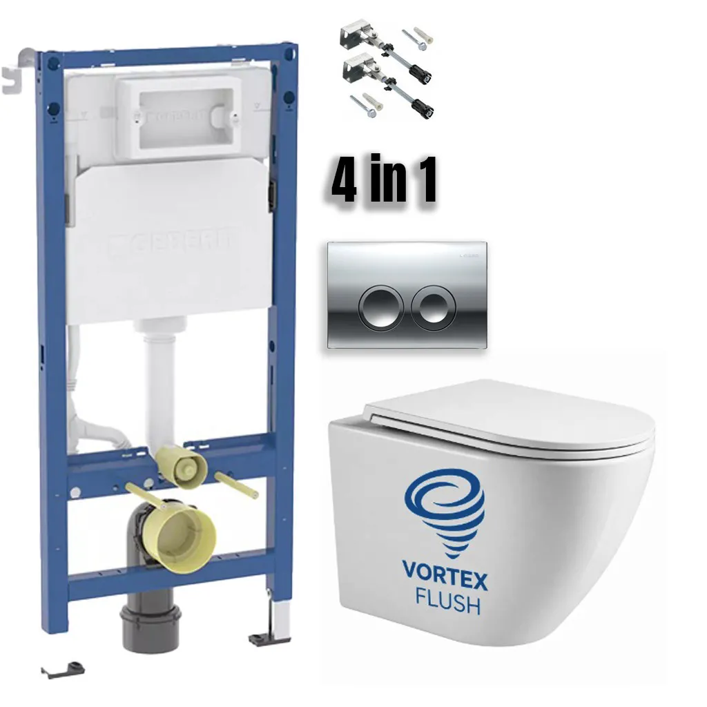 Set de instalare: Ramă pentru instalare WC Geberit Duofix 458.103.00.2 ( cu clapetă de acționare ) + Vas WC suspendat Devit Flow  495x365x365 mm cu capac Soft-Close Vortex Flush alb lucios DFL0460111W