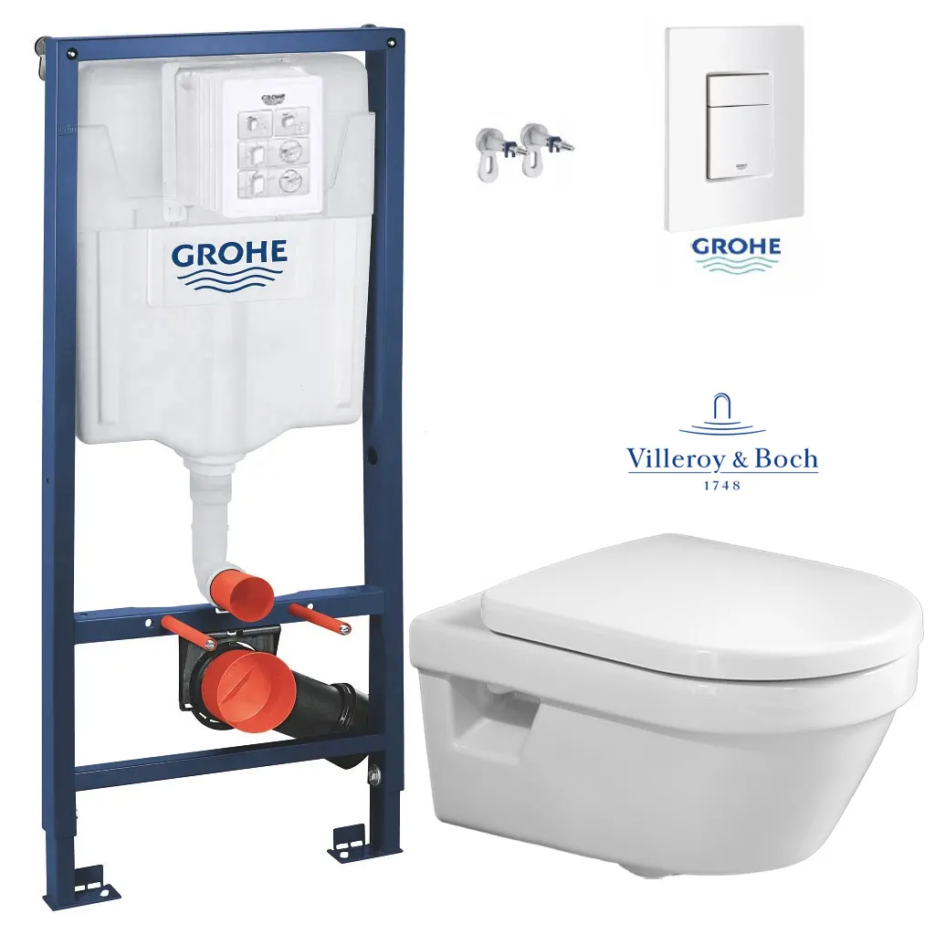 Set de instalare: Ramă pentru instalare WC Grohe Rapid SL 38772001, 50x113 cm, 6-9 L, clapeta actionare inclusa + Vas WC suspendat Villeroy&Boch Omnia Architectura DirectFlush 5684HRR1, cu capac Soft Close, tratament Ceramic Plus, alb alpin