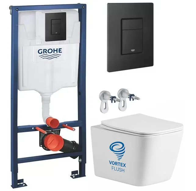 Set de instalare: Sistem de instalare Grohe SOLIDO pentru vasul de toaletă suspendat 3 in1 38811KF0 + Vas WC suspendat rimless Devit Balance Square DBS71051111W cu capac Soft-Close și sistem de spălare Vortex Flush, alb lucios