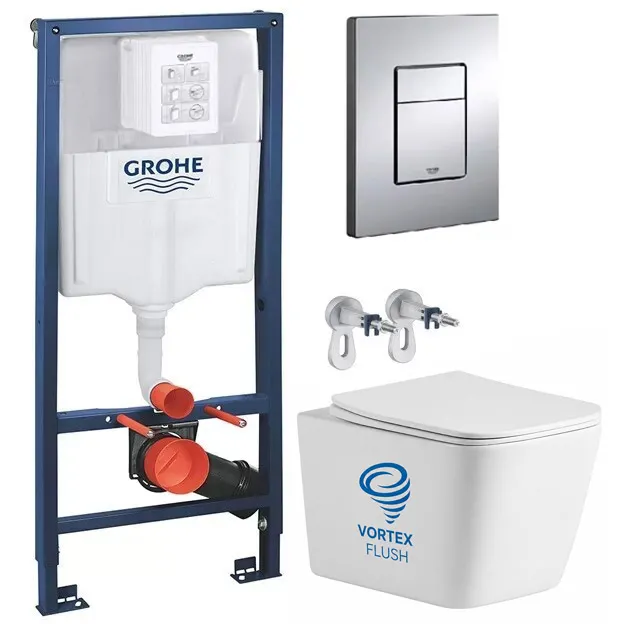 Set de instalare: Ramă pentru instalare WC Grohe Rapid SL 38772001, cu clapeta actionare inclusa + Vas WC suspendat rimless Devit Balance Square DBS71051111W cu capac Soft-Close și sistem de spălare Vortex Flush, alb lucios