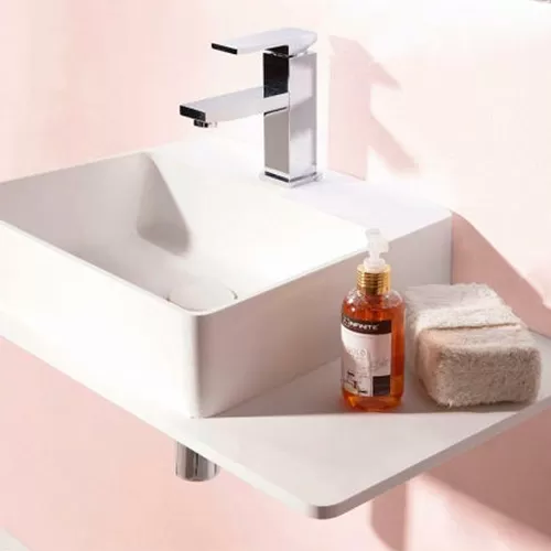Lavoar suspendat din piatră Volle Solid surface cu raft 58x37 cm alb