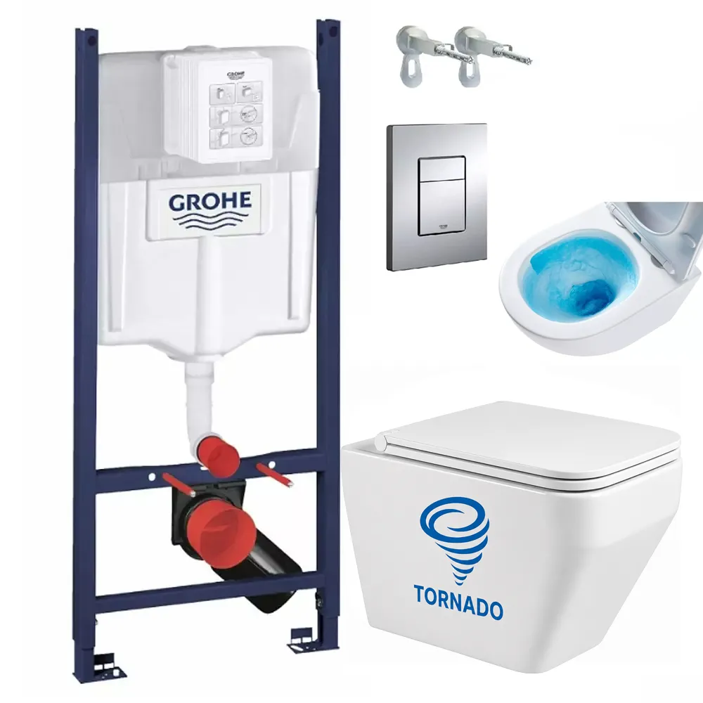 Set de instalare: Ramă pentru instalare WC Grohe Rapid SL 38840000, cu clapeta actionare inclusa + Vas WC suspendat Mixxus Premium STYLE-0301-T1 530х365х370mm cu capac Soft-Close și sistem de spălare Vortex Flush