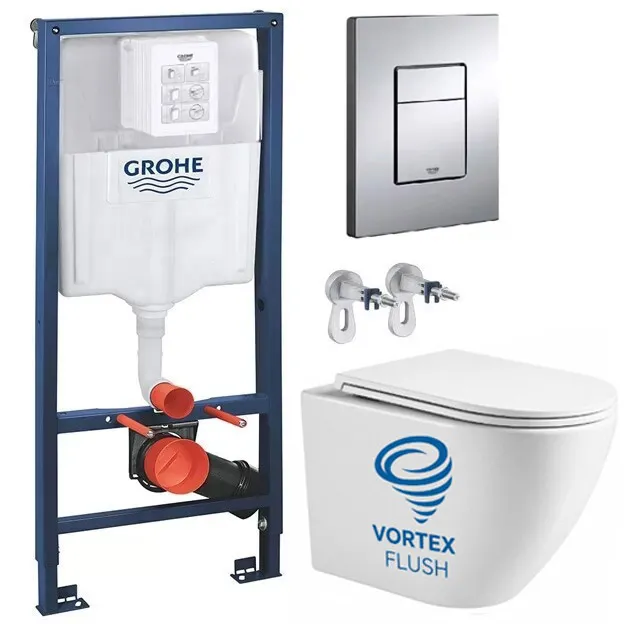 Set de instalare: Ramă pentru instalare WC Grohe Rapid SL 38772001, clapeta actionare inclusa + Vas WC suspendat Devit Flow  495x365x365 mm cu capac Soft-Close Vortex Flush   alb lucios  DFL0460111W