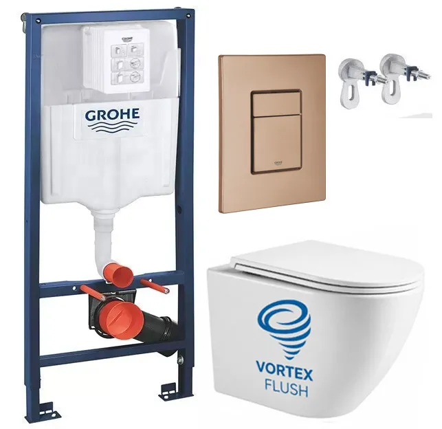 Set de instalare: Ramă pentru instalare WC Grohe Rapid SL 38772001, clapeta actionare inclusa Brushed Warm Sunset + Vas WC suspendat Devit Flow cu capac Soft-Close Vortex Flush DFL0460111W