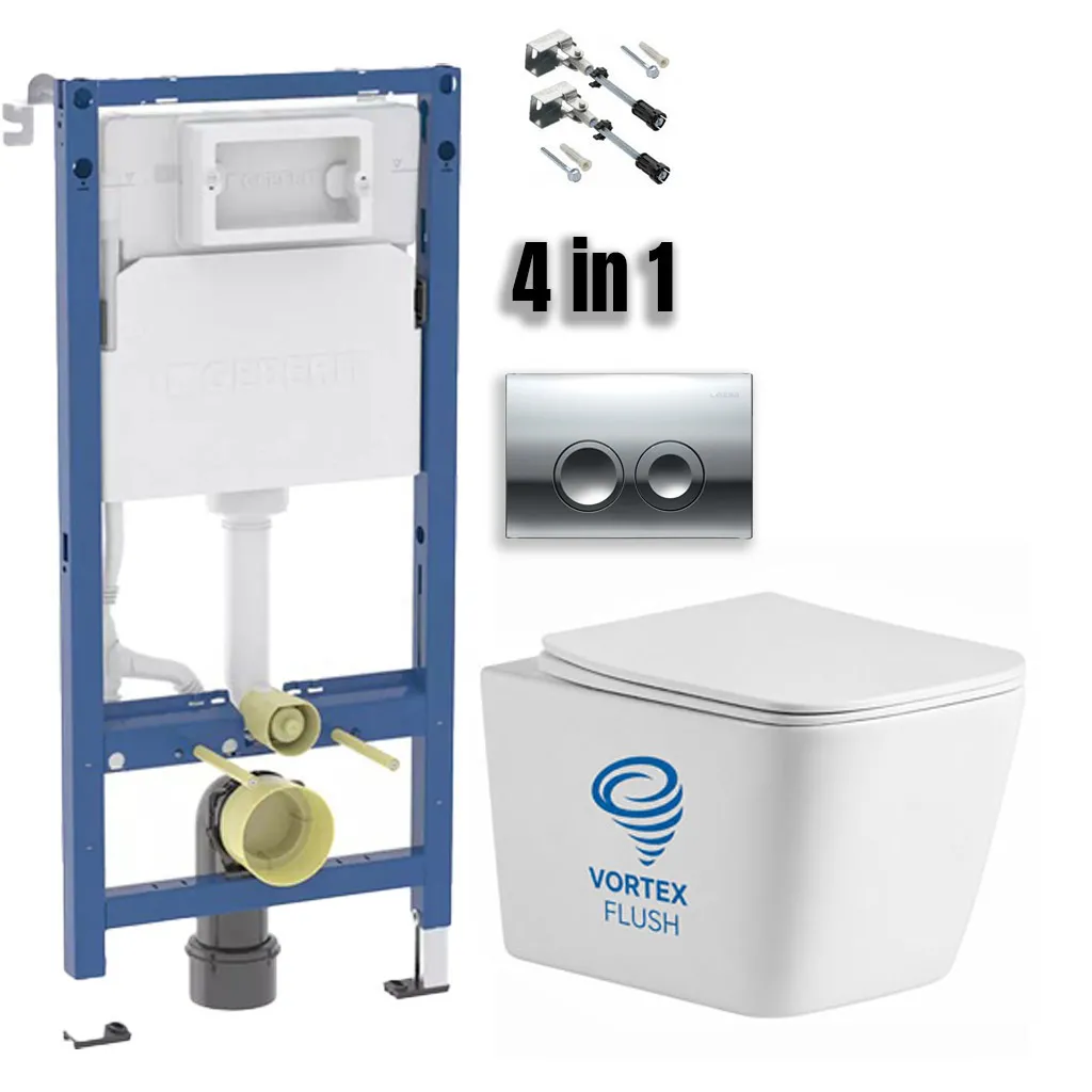 Set de instalare: Ramă pentru instalare WC Geberit Duofix 458.103.00.2 + Vas WC suspendat rimless Devit Balance Square DBS71051111W cu capac Soft-Close și sistem de spălare Vortex Flush, alb lucios