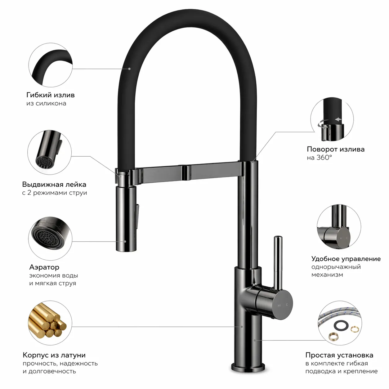 Robinet negru pentru bucătărie cu două tipuri de apă, cu furtun flexibil și duș extractibil: 220×200/35; alamă. Imprese Boa WS f03401410WS