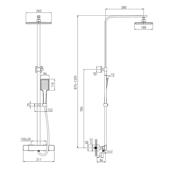 Sistem de duș Volle SISTEMA L 1582.090404, de culoare neagră, cu termostat și duș fix 260x190 mm.