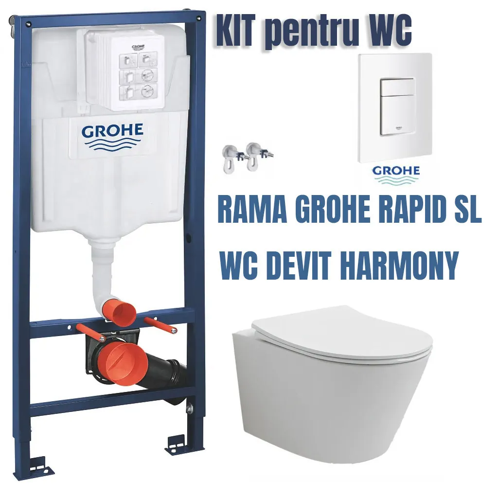 Set de instalare: Ramă pentru instalare WC Grohe Rapid SL 38772001, 50x113 cm, 6-9 L, clapeta actionare inclusa + Vas de WC suspendat Devit Harmony 3801082 rimless cu capac Soft Close 