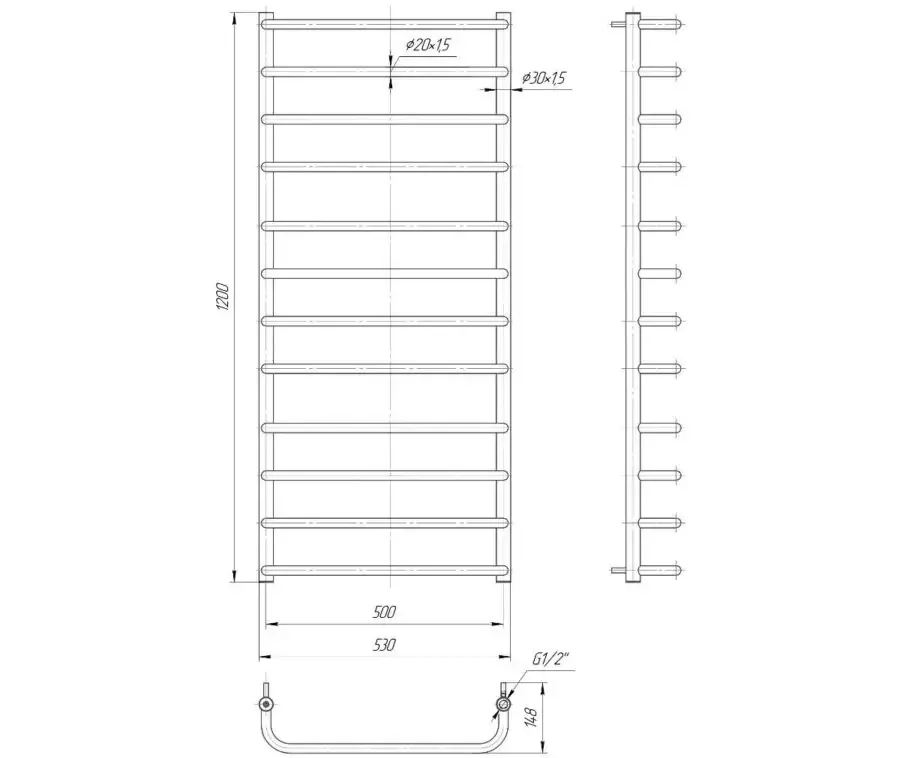 Водяной полотенцесушитель Mario Standard 1200x530/500
