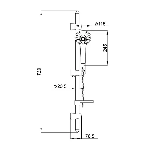  Bară de duș VACLAV L-72 cm, vas de săpun, duș de mână cu 3 moduri, furtun 1,5 m cu con rotativ (Anti-Twist)