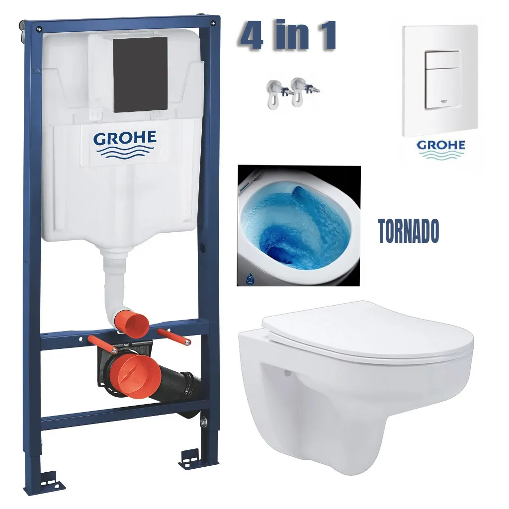 Set de instalare: Ramă pentru instalare WC Grohe Rapid SL 38772001, 50x113 cm, 6-9 L, clapeta actionare inclusa + Vas de WC suspendat Devit Simple Vortex Flush 3810825 cu capac Soft Close