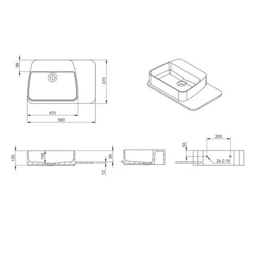 Lavoar suspendat din piatră Volle Solid surface cu raft 58x37 cm alb
