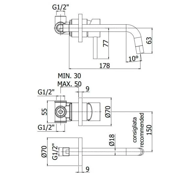 Robinet pentru lavoar de perete Paffoni Light, alb mat, gură 178 mm