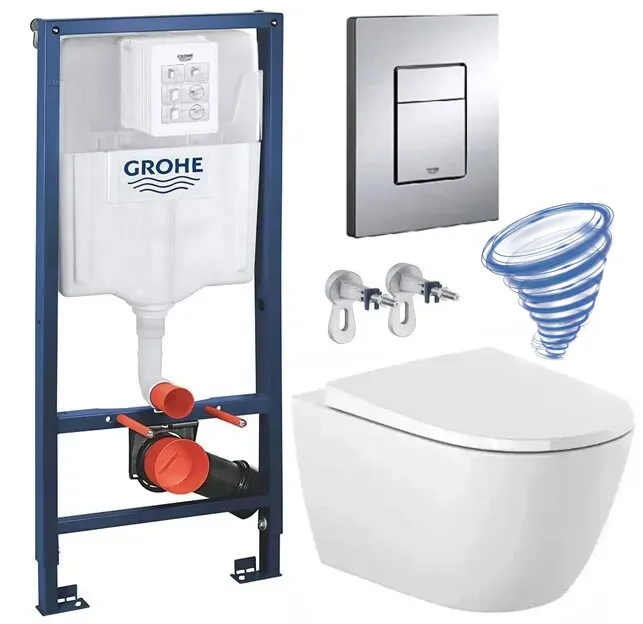 Set de instalare: Ramă pentru instalare WC Grohe Rapid SL 38772001, 50x113 cm, 6-9 L, clapeta actionare inclusa + Vas WC suspendat Roca ONA Rimless, cu capac Soft Close A34H688000