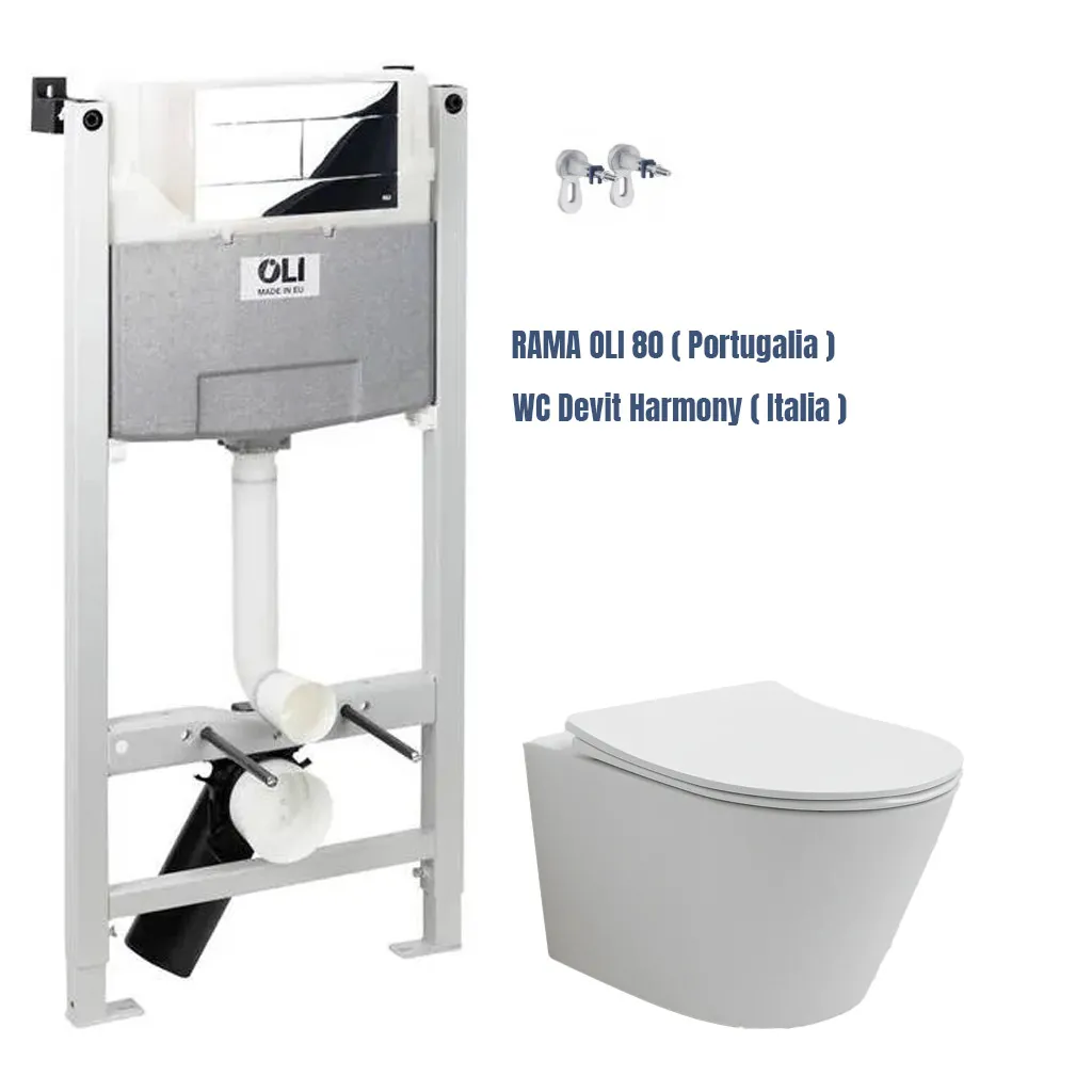 Kit de instalare: Vas de WC suspendat Devit Harmony 3801082 rimless cu capac Soft Close + Rama pentru vas WC Oli 80 cu buton de acționare Slim crom și garnitură fonică 586626
