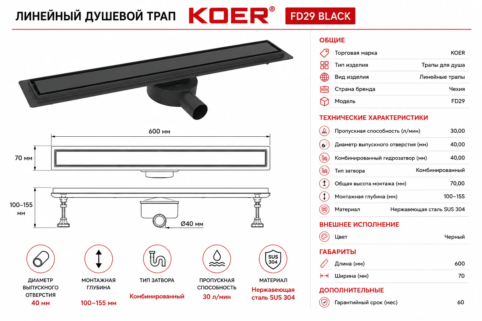 Rigolă liniară pentru duș KOER FD29 Black, 70-600 mm, din oțel inoxidabil SUS304, culoare neagră (AC0680)