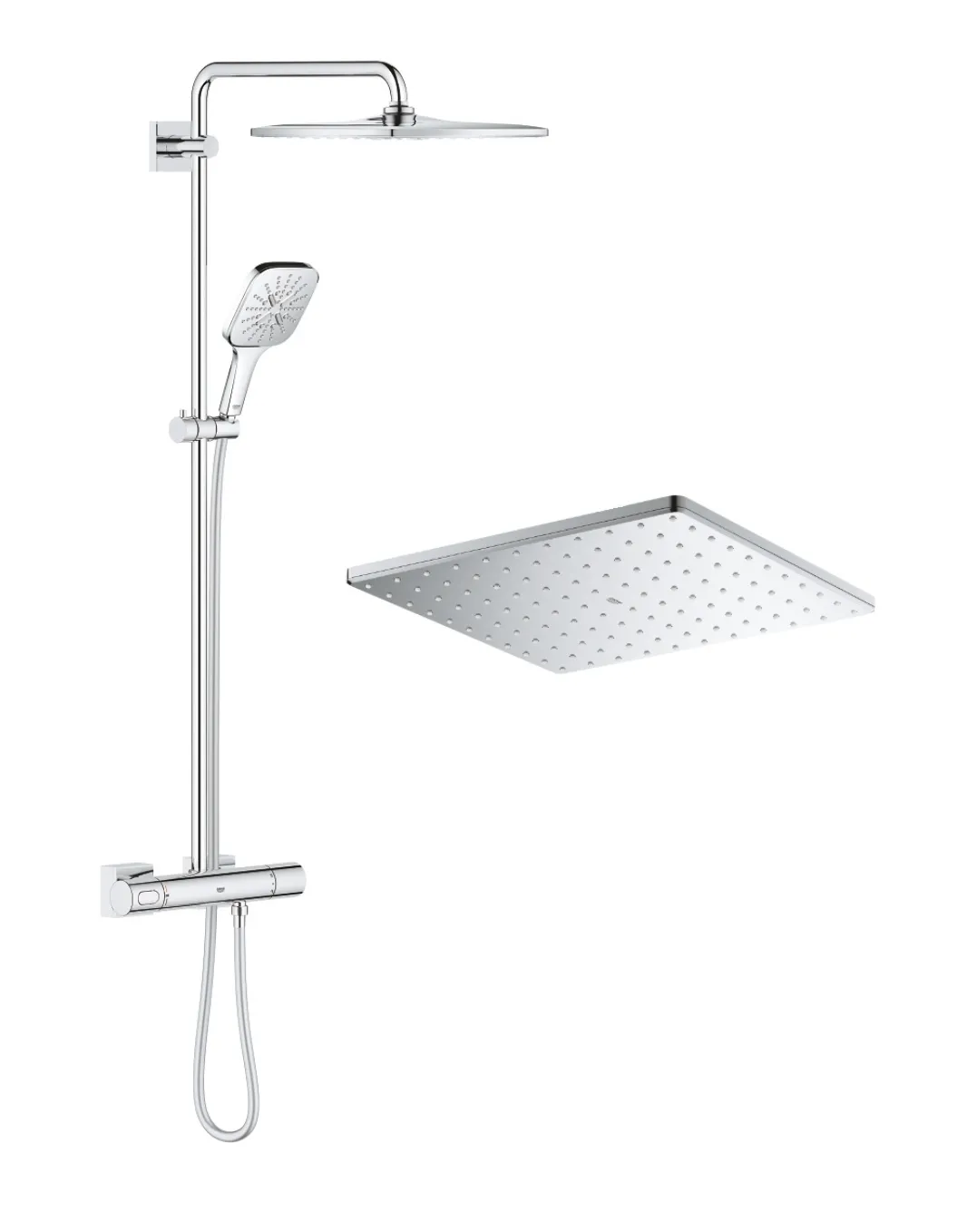 Set sistem de duș cu montaj pe perete Grohe Rainshower SmartActive Cube 310 cu baterie termostatică, duș fix Rainshower SmartActive Cube 310 și duș de mână Rainshower SmartActive Cube 130 (26649000)
