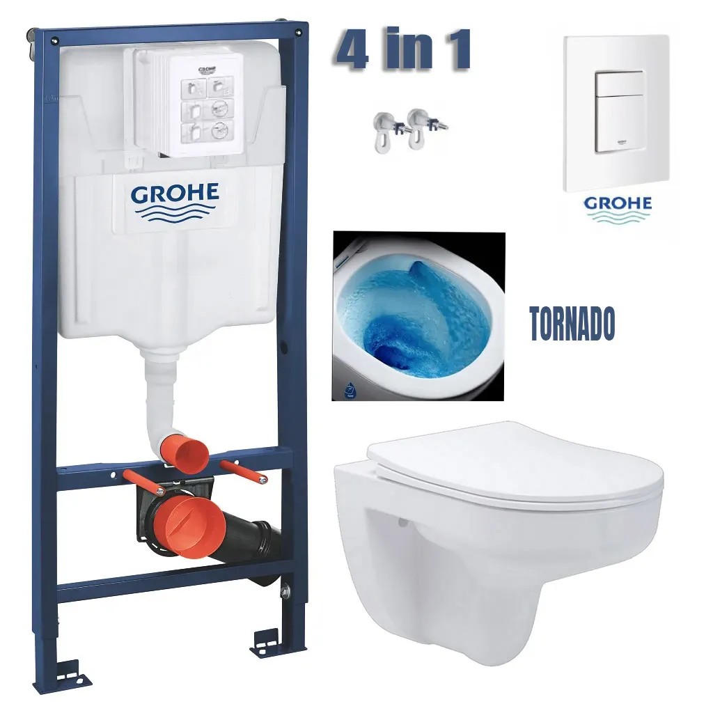 Set de instalare: Ramă pentru instalare WC Grohe Rapid SL 38772001, 50x113 cm, 6-9 L, clapeta actionare inclusa + Vas de WC suspendat Devit Simple Vortex Flush 3810825 cu capac Soft Close