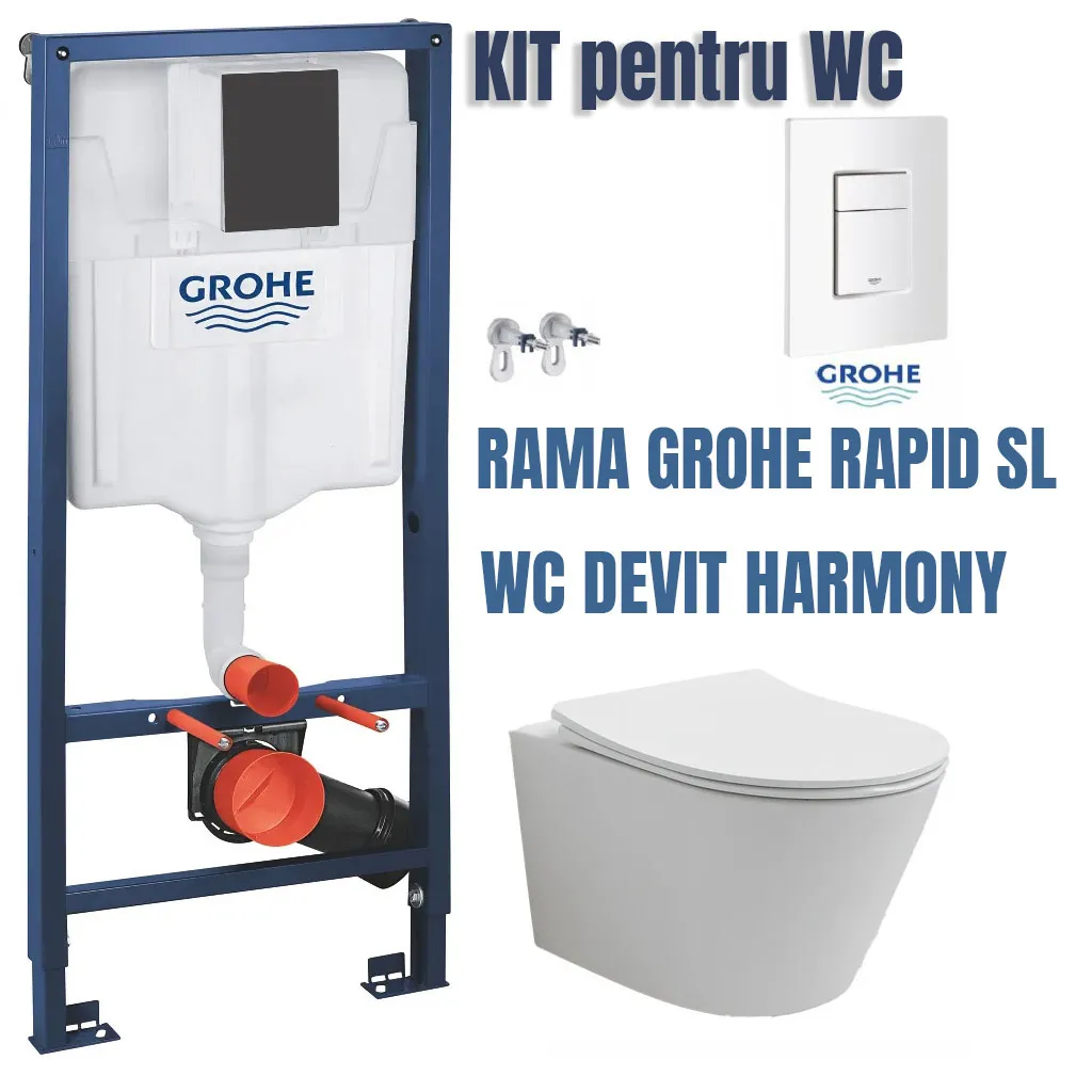 Set de instalare: Ramă pentru instalare WC Grohe Rapid SL 38772001, 50x113 cm, 6-9 L, clapeta actionare inclusa + Vas de WC suspendat Devit Harmony 3801082 rimless cu capac Soft Close 