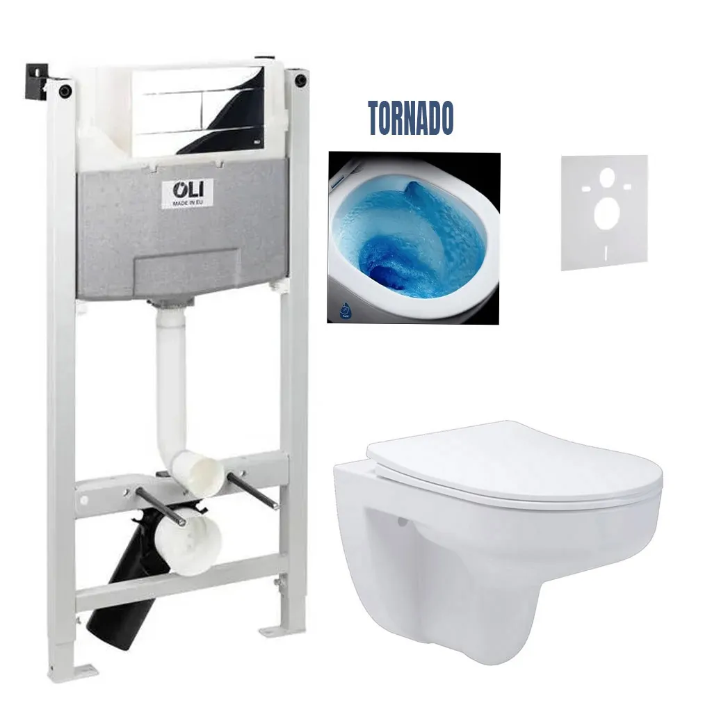Cadru de instalare Oli 80 cu placă de acționare Oli Slim crom și garnitură fonoizolantă 586626 +  Vas de toaletă suspendat Devit Simple 3810825 cu capac Soft Close