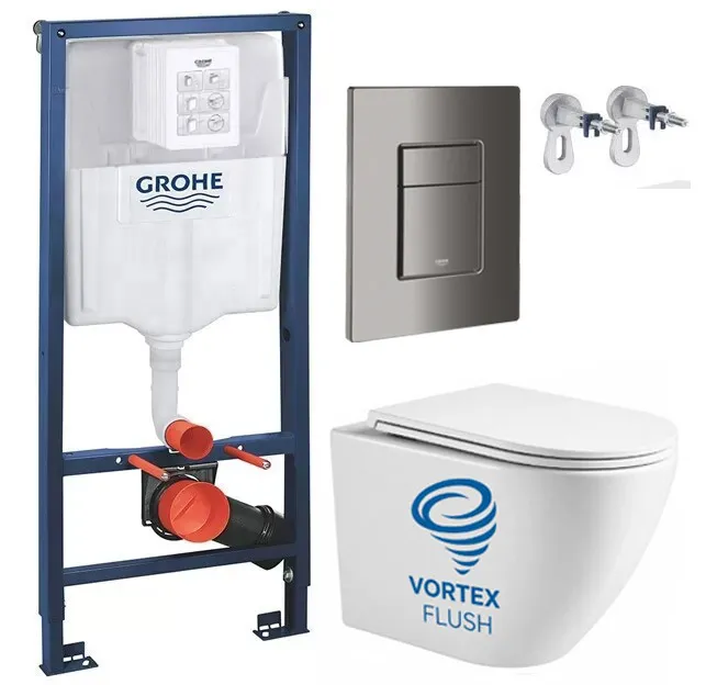 Set de instalare: Ramă pentru instalare WC Grohe Rapid SL 38772001, clapeta actionare inclusa Dark Grey + Vas WC suspendat Devit Flow cu capac Soft-Close Vortex Flush DFL0460111W