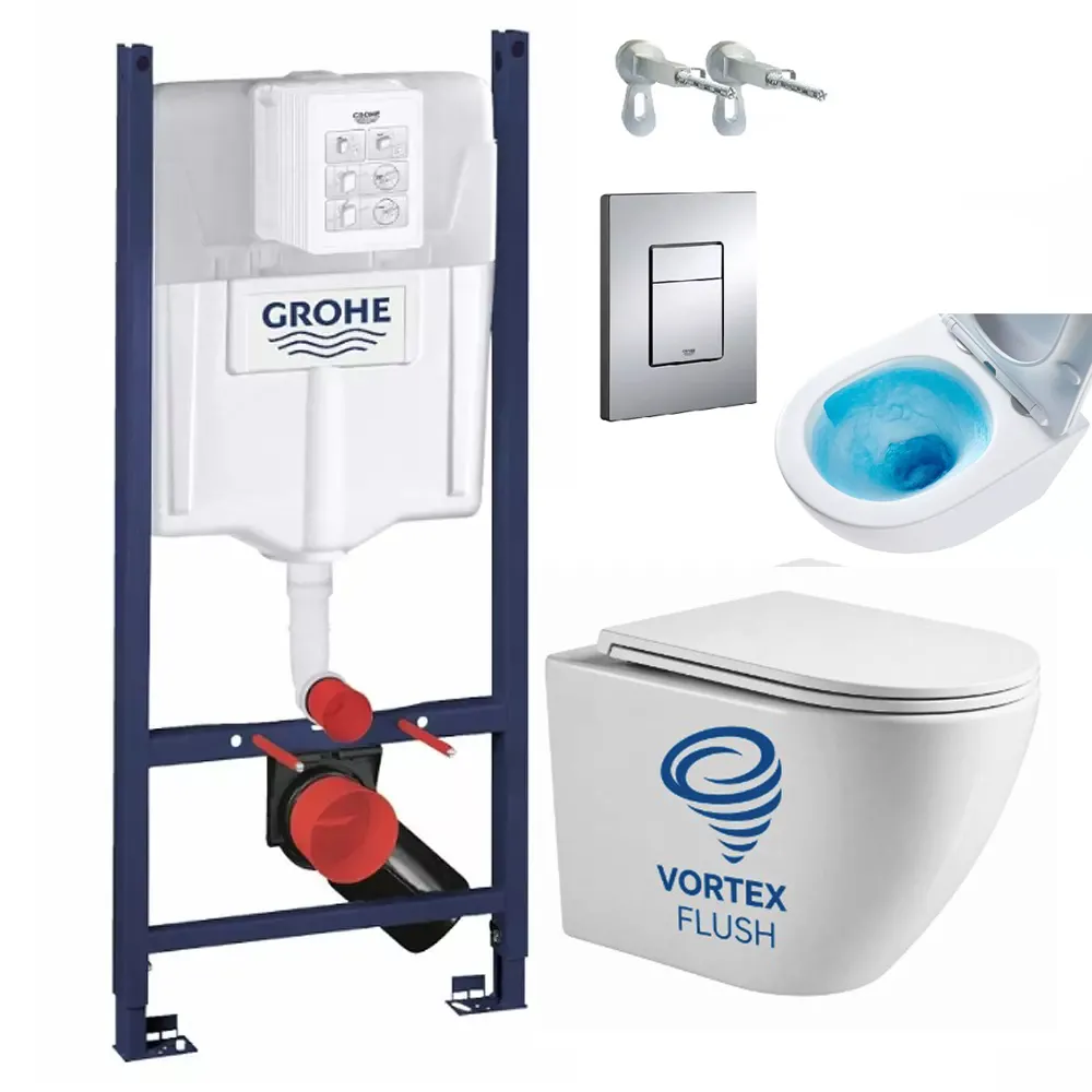 Kit de instalare: Ramă pentru instalare vas viceu Grohe Rapid SL cu clapetă 3873200a + Vas WC suspendat Devit Flow  495x365x365 mm cu capac Soft-Close Vortex Flush alb lucios DFL0460111W
