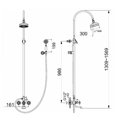 Sistem de duș CUTHNA zlato (mixer de baie cu două valve, duș de sus și de mână), auriu