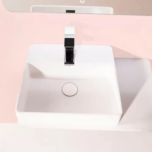 Lavoar suspendat din piatră Volle Solid surface cu raft 58x37 cm alb