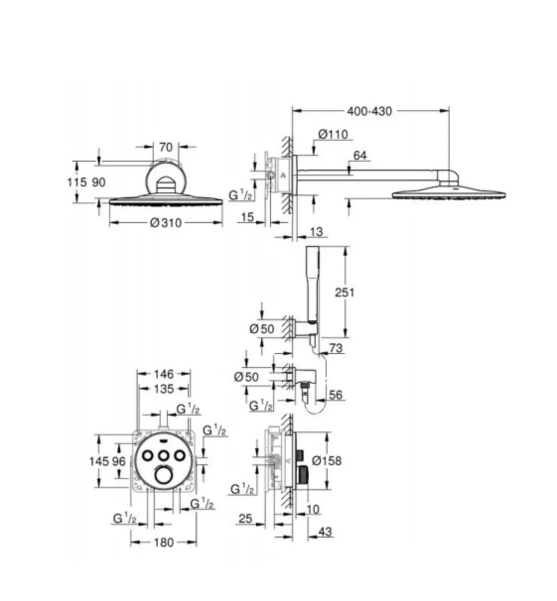 Set sistem de duș încastrat Grohe Grohtherm SmartControl cu baterie termostatică și duș fix Rainshower 310 SmartActive (34705000)