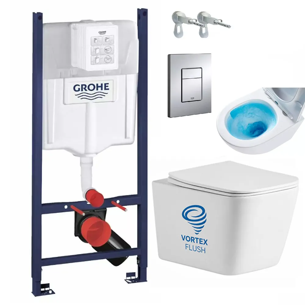 Kit de instalare: Ramă pentru instalare vas viceu Grohe Rapid SL cu clapetă 3873200a + Vas WC suspendat rimless Devit Balance Square DBS71051111W cu capac Soft-Close și sistem de spălare Vortex Flush, alb lucios