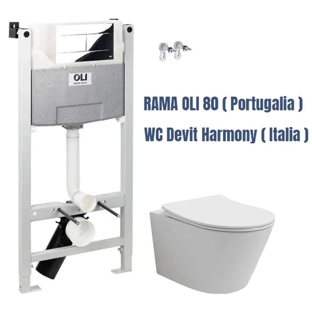 Set de instalare: Ramă pentru instalare WC Oli 80 cu buton de acționare Slim crom și garnitură fonică 586626 + Vas de WC suspendat Devit Harmony 3801082 rimless cu capac Soft Close 